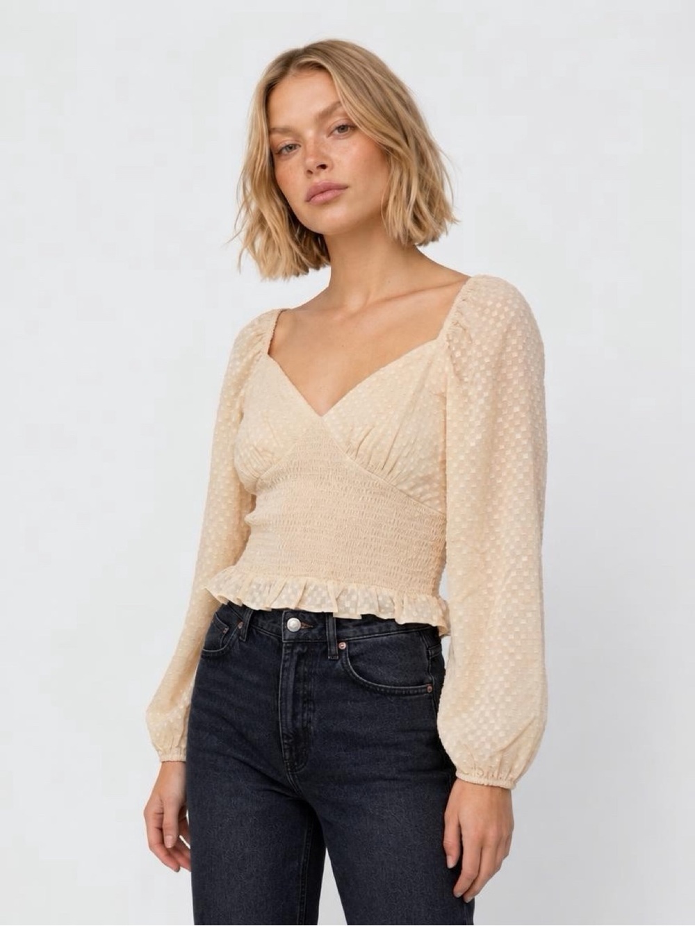 Astr Peplum Smocked Swiss Dot Long-Sleeve Top - Beige